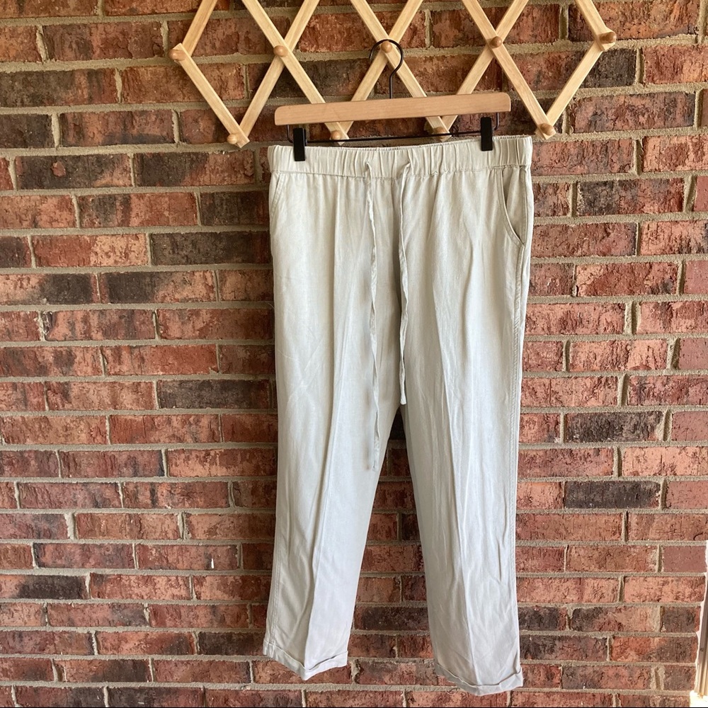 { JUST LIVING } Tan Khaki Pre Cuffed Straight Leg Linen Pants